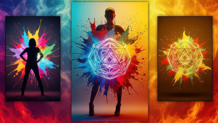 Abstract image of a woman&rsquo;s silhouette over a vibrant paint splatter background with glowing geometric shapes