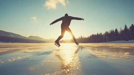 Silhouette of ice skater jumping on frozen lake at sunset winter sports action