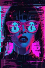 Cyberpunk portrait of a woman with glasses reflecting ghosts, vibrant neon colors
