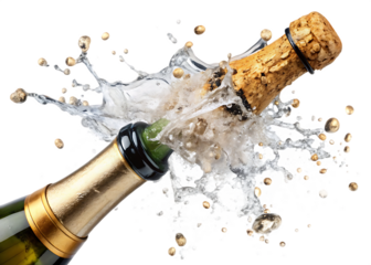 Champagne cork pops with bubbles and splash isolated on a transparent background