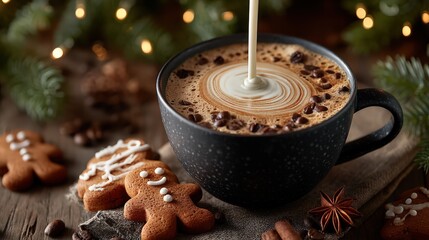Mug of coffee with a swirl of milk on top and a plate of ginger cookies. Scene is cozy and comforting, perfect for a cold winter day