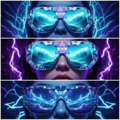 Woman wearing futuristic diamond shaped virtual reality goggles close up