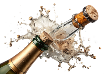 Champagne cork pops with liquid splash and bubbles isolated on a transparent background 1