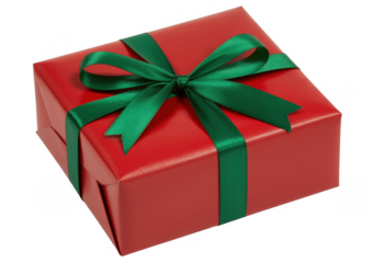 Red Gift Box with Green Ribbon present isolated on a transparent background