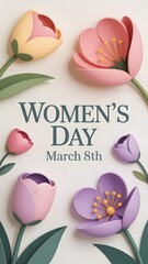 Elegant Women's Day March 8th greeting with 3D paper craft tulips and spring floral elements.