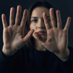 Woman showing stop gesture with her hands in front of camera on a dark background