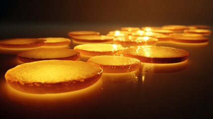 Golden pancakes arranged in a neat stack on a dark background, warm lighting, breakfast or brunch theme, delicious homemade food