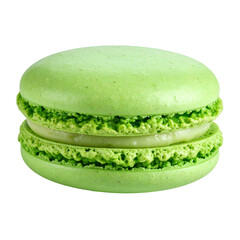 A close-up of a pastel green macaron cookie, circular, with white cream filling in the middle