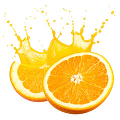 Vibrant orange fruit slices with splashing juice against a transparent background