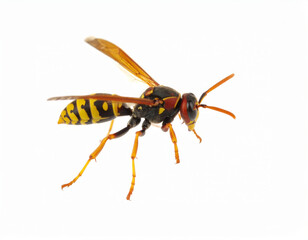 Wasp Close Up, Yellow Black Insect Macro on White Background No Shadow