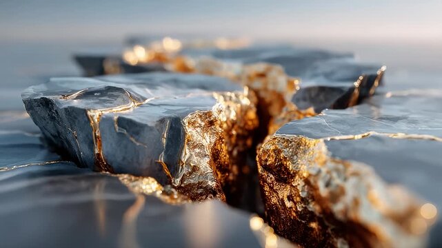 Elegant black stone fissures revealing glowing liquid gold texture