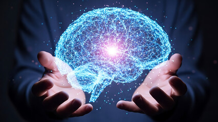A glowing blue neural network brain hovering above cupped hands in dark background representing artificial intelligence and human connection