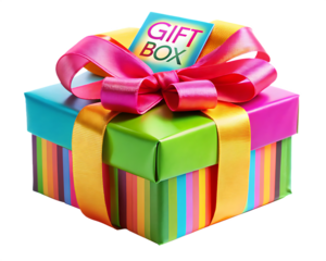 Colorful gift box with pink ribbon and bow isolated on a transparent background present