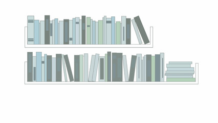 Obraz premium Stylized illustration of neatly arranged book collections on white floating shelves, symbolizing education, imagination, and a passion for reading in a clean, graphic design style