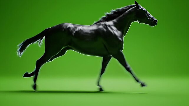 High-contrast 3d render of a powerful black horse dynamically galloping against a vibrant green screen.