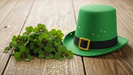 Green leprechaun hat with shamrocks on wooden surface