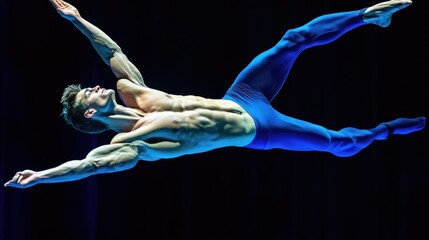 Muscular man in dynamic pose blue tights dark background