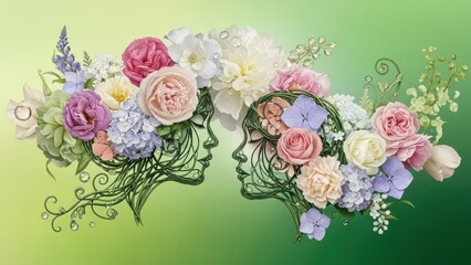 Two profiles formed by blooming flowers and lush green foliage symbolizing connection