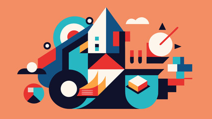 Abstract geometric composition with modern shapes, architectural forms and tech-inspired design on orange background