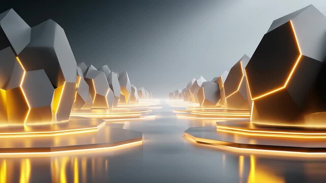 Abstract black gold geometric minerals with neon glowing lines