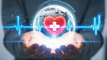 Global healthcare concept with hands holding a glowing earth with a medical cross and heart symbol surrounded by a pulse line - Powered by Adobe
