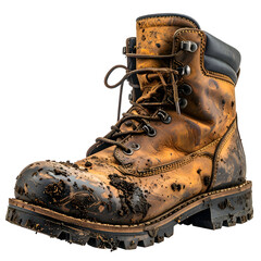 A worn, work-boot, covered in mud and dirt, laces tied, isolated on a black background