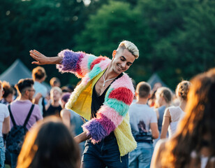 Młody mężczyzna w futrzanym stroju tańczy, bawi się na koncercie, festiwalu lub paradzie równości