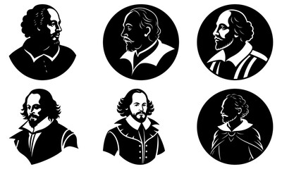 Six Black and White Silhouettes of a Man with Curly Hair and Beard in Circular Frames on Transparent Background