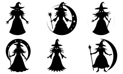 Witch Silhouette with Moon and Stars on Transparent Background