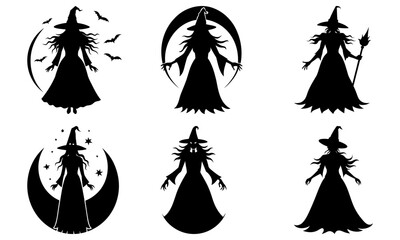 Witch Silhouettes with Moon and Stars on White Background witches