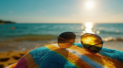 Summer sunglasses on beach towel at sunset ocean background
