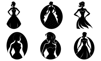 Five Women in Dresses Silhouettes on White Background formal fashion