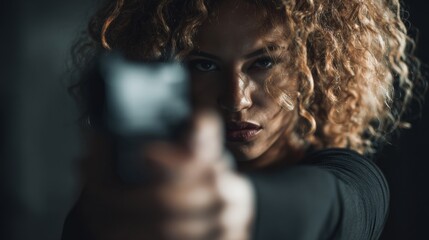 Violent Woman Aims a Gun at an Unseen Target in a Dark Setting During Late Evening Hours
