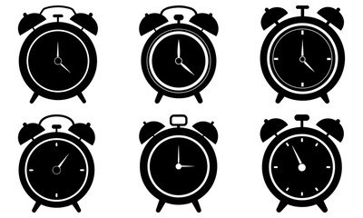 Six Black Alarm Clocks with Different Times on White Background clock face