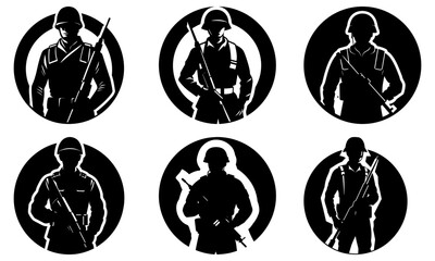 Six Soldiers Silhouettes in Circular Frames on White Background military uniform 1