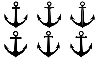Six Black Anchor Symbols on White Background nautical