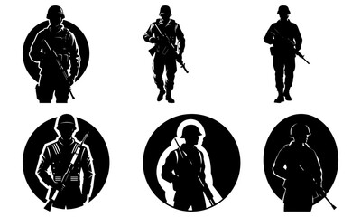 Silhouettes of Soldiers with Rifles on White Background military uniform