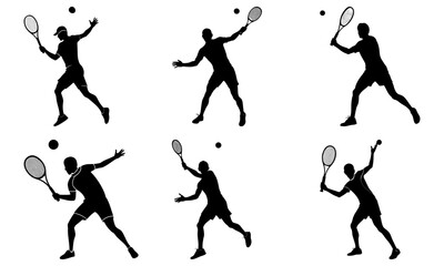Silhouette of tennis players hitting balls with rackets on white background
