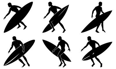 Six Surfers Carrying Surfboards Silhouette on White Background beach ocean