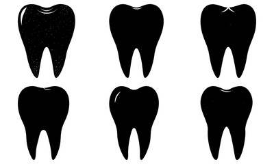 Six black teeth silhouettes on a white background dental tooth silhouette