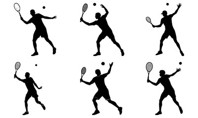 Silhouette of Tennis Players in Action with Rackets and Balls on White Background