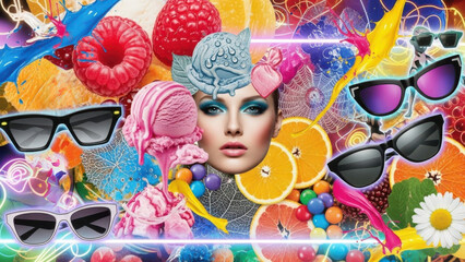 Vibrant surreal collage woman face sunglasses ice cream fruit