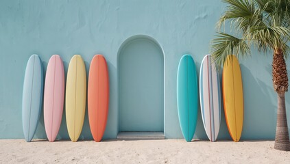 Row of Retro Style Surfboards Against Pastel Blue Wall for Summer Travel