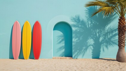 Holiday Concept: Colorful Surfing Gear Ready for Waves on Sandy Beach