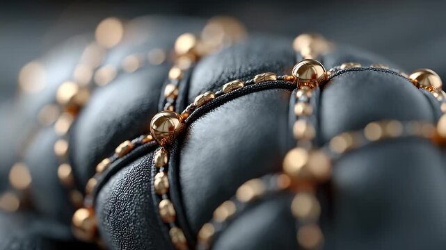 Macro view of black leather texture interwoven with golden metal beads