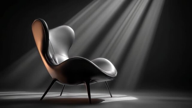 Modern black leather lounge chair under dramatic spotlight