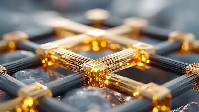 Abstract interlaced black and gold geometric grid structure