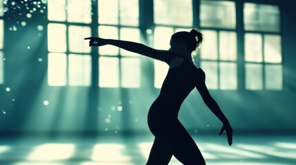 Silhouette of a dancer in a sunlit studio performing expressive movement