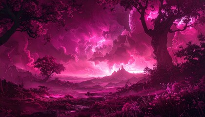 Surreal Pink Landscape with Towering Trees and Ethereal Sky.