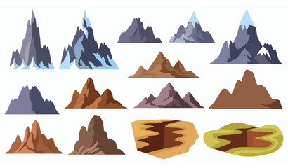 Cartoon rock mountain and snowy hill vector set for nature and hiking themes © MdShohagAhammad